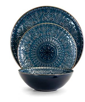 Elama Round Stoneware Embossed Dinnerware Dish Set 16 Piece Sea Blue With Brown Trim 0 0 300x360