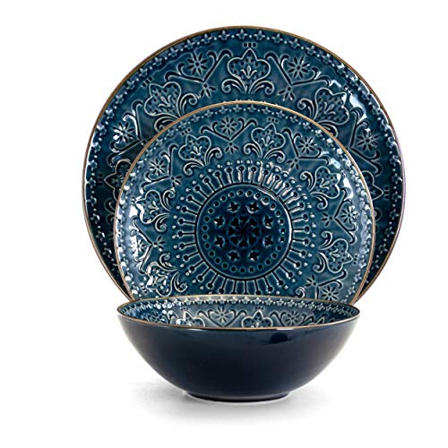Elama Round Stoneware Embossed Dinnerware Dish Set 16 Piece Sea Blue With Brown Trim 0 0