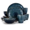 Elama Round Stoneware Embossed Dinnerware Dish Set 16 Piece Sea Blue With Brown Trim 0 100x100