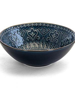 Elama Round Stoneware Embossed Dinnerware Dish Set 16 Piece Sea Blue With Brown Trim 0 3 300x360