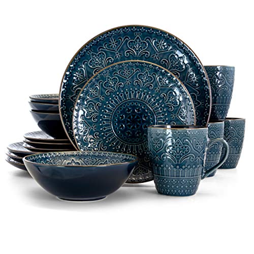 Elama Round Stoneware Embossed Dinnerware Dish Set 16 Piece Sea Blue With Brown Trim 0