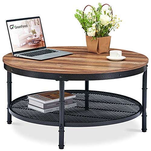 GreenForest Coffee Table Round 358 Industrial 2 Tier Sofa Table With Storage Open Shelf And Metal Legs For Living Room Dark Oak 0