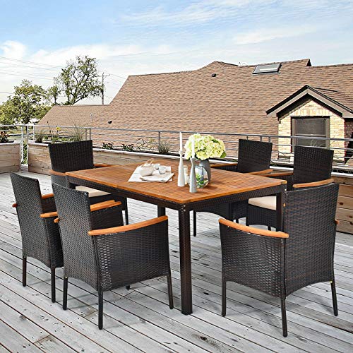 Happygrill 7pcs Patio Dining Set, Wicker Patio Dining Set With Umbrella Hole