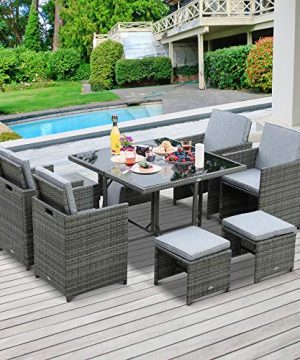 Outsunny 9 Piece Outdoor PE Rattan Wicker Dining Set Space Saving Chairs Glass Table Set With Cushioned Seating And Back Mixed Grey 0 0 300x360