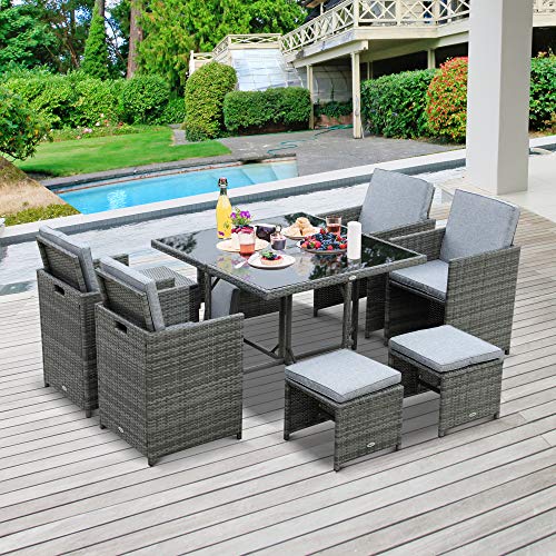 Outsunny 9 Piece Outdoor PE Rattan Wicker Dining Set Space Saving Chairs Glass Table Set With Cushioned Seating And Back Mixed Grey 0 0