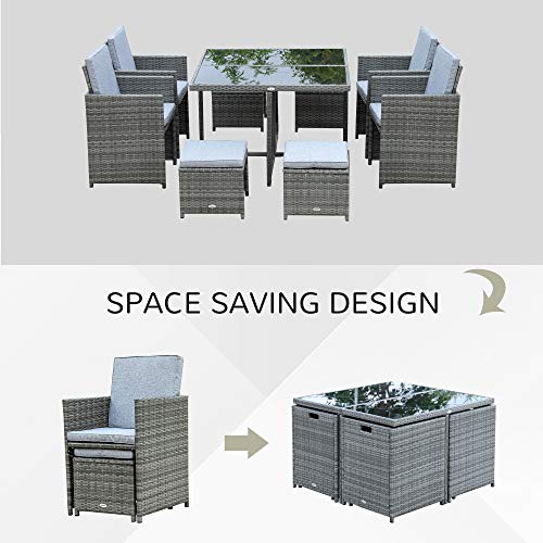 Outsunny 9 Piece Outdoor PE Rattan Wicker Dining Set Space Saving Chairs Glass Table Set With Cushioned Seating And Back Mixed Grey 0 1