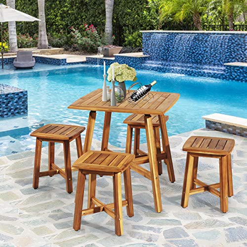 Tangkula 5 Piece Wood Patio Dining Set Outdoor Dining Furniture WSquare Table 4 Stools Garden Conversation Dinging Set For Porch Backyard Balcony Poolside Reddish Brown 0 1