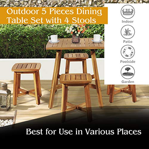 Tangkula 5 Piece Wood Patio Dining Set Outdoor Dining Furniture WSquare Table 4 Stools Garden Conversation Dinging Set For Porch Backyard Balcony Poolside Reddish Brown 0 3