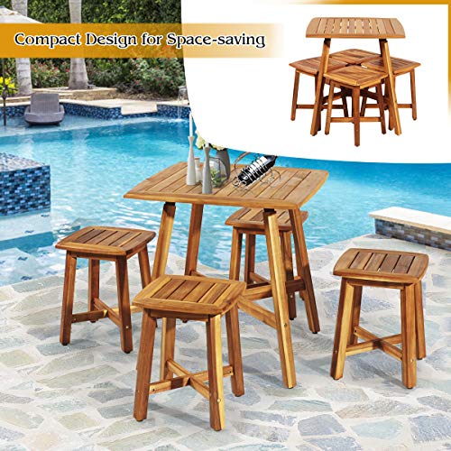 Tangkula 5 Piece Wood Patio Dining Set Outdoor Dining Furniture WSquare Table 4 Stools Garden Conversation Dinging Set For Porch Backyard Balcony Poolside Reddish Brown 0 5