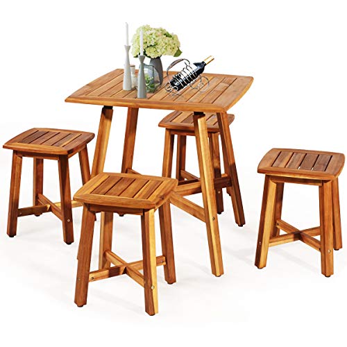 Tangkula 5 Piece Wood Patio Dining Set Outdoor Dining Furniture WSquare Table 4 Stools Garden Conversation Dinging Set For Porch Backyard Balcony Poolside Reddish Brown 0