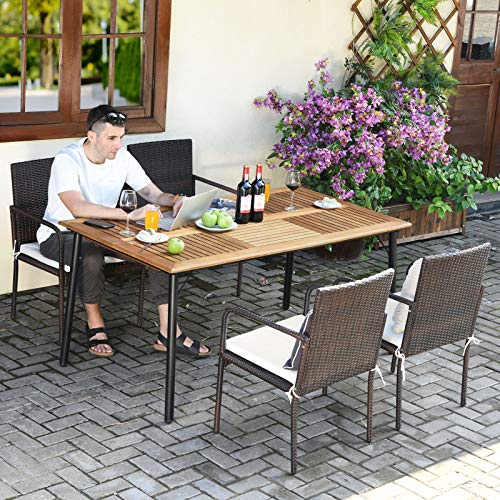 Tangkula 5 Pieces Patio Dining Set Acacia Wood And Wicker Furniture W 2 16 Umbrella Hole Outdoor Table 4 Rattan Armchairs Removable Cushions For Backyard Garden Poolside Farmhouse Goals - Acacia Wood Outdoor Dining Table Patio With Umbrella Hole
