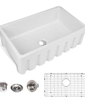 Enbol Farmhouse Sink Apron Front Kitchen Porcelain Dual Mount Single Bowl 33 Inch Kitchen Sink White With Protective Bottom Grid And Strainer PA3320 0 300x360