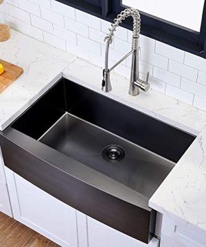 Hotis Modern Single Bowl 33 Inch Apron Front Black Stainless Steel Farmhouse Kitchen SinkUndermount Black Curved Sink With Accessories 0 300x360