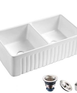 Koozzo 33 Inch Farmhouse Ceramic Kitchen Sink Reversible Double Bowl Farm Sink With Strainer MJ 3318 0 300x360