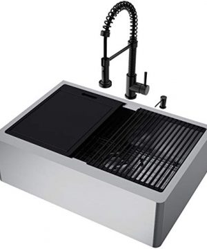 VIGO VG15906 205 L 300 W 185 H Stainless Steel Single Bowl Flat Apron Front Farmhouse Kitchen Sink Set With Matte Black Faucet Soap Dispenser Cutting Board Grid And Strainer 0 4 300x360