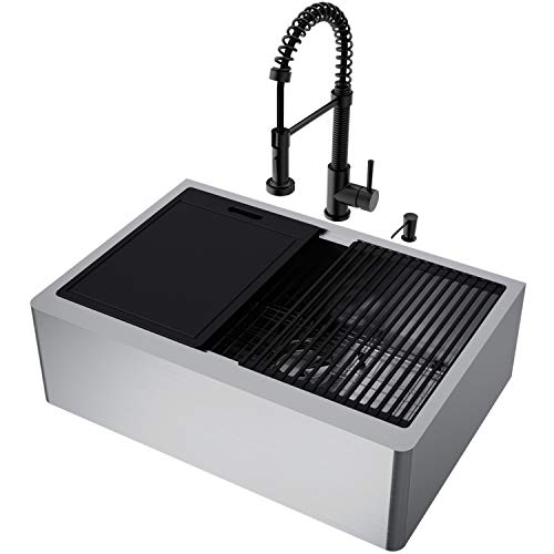 VIGO VG15906 205 L 300 W 185 H Stainless Steel Single Bowl Flat Apron Front Farmhouse Kitchen Sink Set With Matte Black Faucet Soap Dispenser Cutting Board Grid And Strainer 0 4