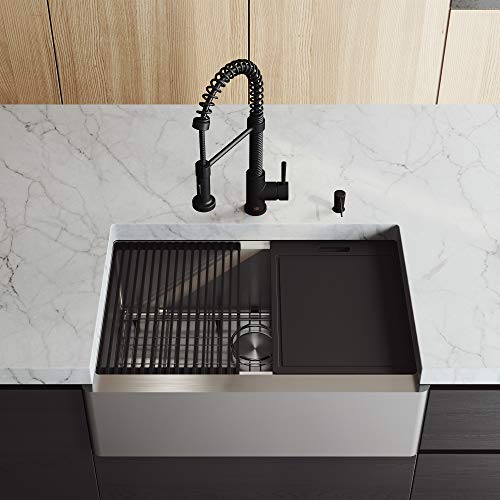 VIGO VG15906 205 L 300 W 185 H Stainless Steel Single Bowl Flat Apron Front Farmhouse Kitchen Sink Set With Matte Black Faucet Soap Dispenser Cutting Board Grid And Strainer 0