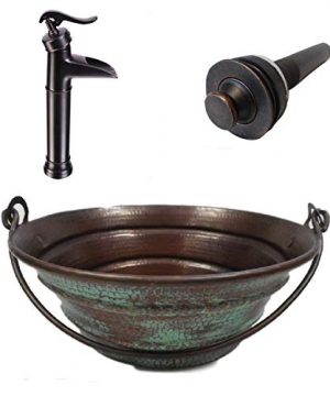 15 Round Copper BUCKET Vessel Bath Sink Green Patina Exterior With Faucet 0 300x360
