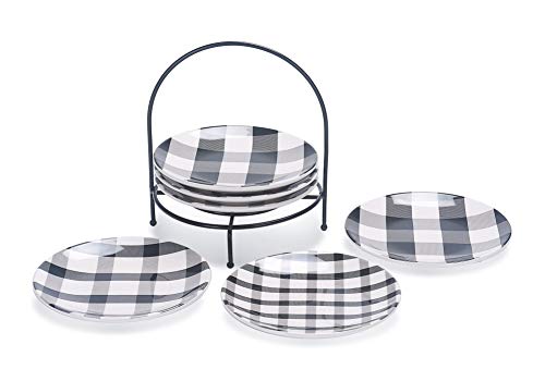 Bico Plaid Check Black And White 6 Inch Ceramic Appetizer Plate With Rack Set Of 7 For Salad Appetizer Snacks Plates Microwave Dishwasher Safe 0
