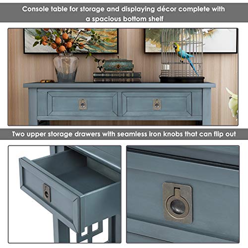Knocbel Farmhouse Narrow Console Table For Entryway Hallway Sofa Side Table With 2 Drawers Iron Knobs Bottom Shelf 36 L X 14 W X 30 H Antique Navy 0 2