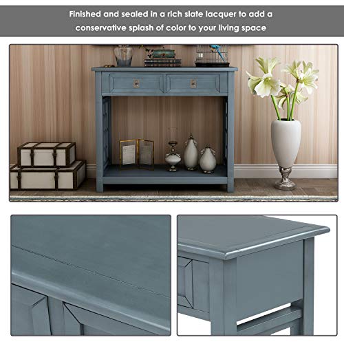 Knocbel Farmhouse Narrow Console Table For Entryway Hallway Sofa Side Table With 2 Drawers Iron Knobs Bottom Shelf 36 L X 14 W X 30 H Antique Navy 0 4