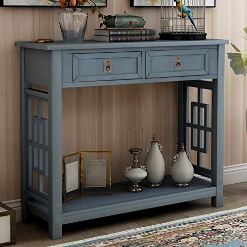 Knocbel Farmhouse Narrow Console Table For Entryway Hallway Sofa Side Table With 2 Drawers Iron Knobs Bottom Shelf 36 L X 14 W X 30 H Antique Navy 0