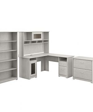 Bush Furniture Cabot L Desk With Hutch Lateral File And 5 Shelf Bookcase Linen White Oak 0 300x360