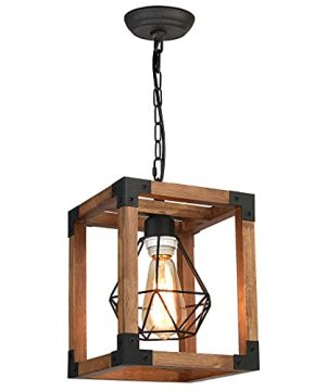 Farmhouse Chandelier Rustic Square Pendant Lighting With Wood And Cage Kitchen Island Lighting Fixture 1 Light E26 For Dinning Living Room 79 DOHOMER 0 300x360