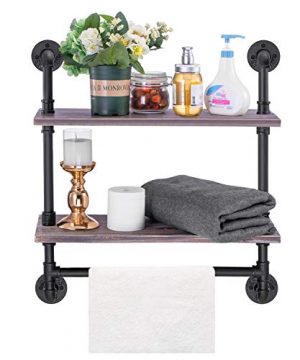 Industrial Pipe Shelf Elibbren Rustic Wall Mounted Shelving With Towel Bar Rack For Bathroom 2 Layer Wood Bookshelf Pipe Shelving For KitchenWooden Board Contained 0 300x360