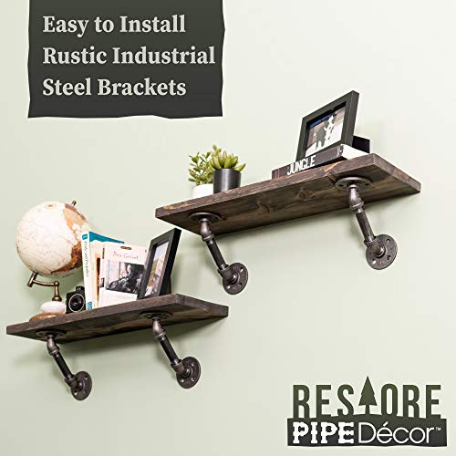 PIPE DECOR Industrial Pipe Wooden Shelves Restore Premium Ponderosa Pine Wood Shelving 24 Inch Length Set Of 2 Boards And 4 Angle Brackets Driftwood Tan Finish 0 5