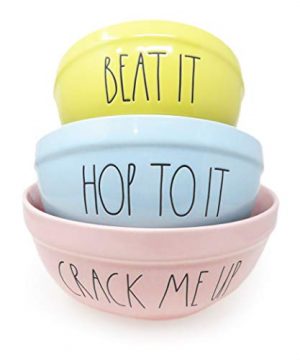 Rae Dunn By Magenta 3 Piece CRACK ME UP HOP TO IT BEAT IT Pastel Light Pink Blue Yellow Ceramic LL Nesting Serving Mixing Bowl Set 2020 Limited Edition 0 300x360