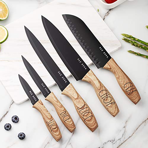 Rae Dunn Everyday Collection Set Of 5 Stainless Steel Knives With Sheaths Chef Paring Bread Santoku Knives Black 0 0