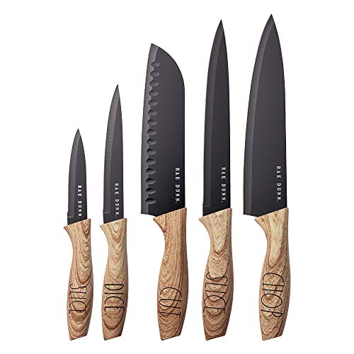 Rae Dunn Everyday Collection Set Of 5 Stainless Steel Knives With Sheaths Chef Paring Bread Santoku Knives Black 0