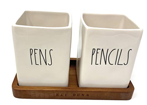 Rae Dunn PENS PENCILS Holder Set Of 2 With Wood Tray Ceramic Office Desk Organizer 0