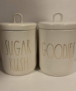 Rae Dunn SUGAR RUSH GOODIES Canister Set Of 2 LL Gold Lettering 6 X 4 Inches Ceramic 0 300x360