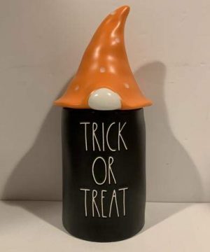 Rae Dunn TRICK OR TREAT Halloween Candle With Gnome Lid Yellow Black Ceramic Halloween Decor 0 300x360