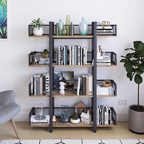STURDIS 4 Tier Bookshelf Solid Wood 4 Shelf Rustic Vintage Industrial Style Bookcase And Book Shelf Metal And Wood Book Case 0 0