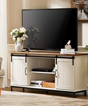 WAMPAT Farmhouse TV Stand For TVs Up To 65 With Furniture Safety Straps Sliding Barn Door Entertainment Center With Storage Adjustable Shelves Hard Metal Legs 58 Inch Rustic White Oak 0 300x360