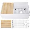 White Fireclay Single Bowl Apron Front Reversible Kitchen Sink With Ledge Wood Cutting Board And Stainless Steel Grid 33 In Beech 0 100x100