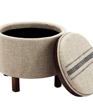 Chairus Round Storage Ottoman With Tray Small Footrest With Blue Striped Lid Wood Legs Beige 0 300x360