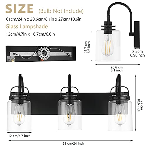 Bathroom Vanity Light Fixtures Minetom 3 Light Matte Black Modern Wall Sconce Lighting With Clear Glass Shade And Metal Base Wall Mounted Lamp For Mirror Cabinet Kitchen Stairs 0 1