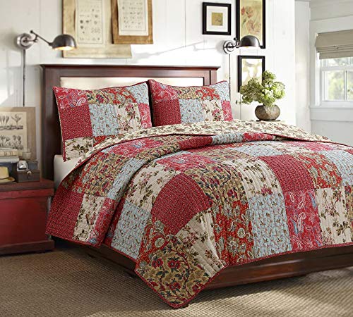 Cozy Line Home Fashions Adeline Red Teal Khaki Floral Pint Pattern Real Patchwork 100 Cotton Reversible Coverlet Bedspread Quilt Bedding Set For Women Red Aqua Queen 3 Piece 0