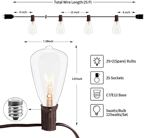 Goothy 25ft Outdoor String Lights With 27 Edison Bulbs 2 Spare 5 W120 V C7E12 Base ST35 Patio Hanging Lights UL Listed For Garden Backyard Pergola Party Cafe Bistro Wedding Decor Brown 0 0