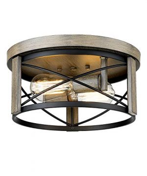 Osimir Modern Flush Mount Light Fixture 2 Light 12 Inch Farmhouse Metal Cage Drum Ceiling Light Fixture In Wood And Black Finish RE9175 2 0 300x360