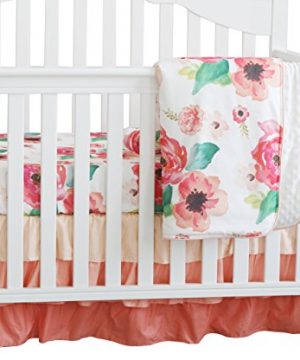 3 Pcs Set Boho Floral Ruffle Baby Minky Blanket Peach Floral Nursery Crib Skirt Set Baby Girl Crib Bedding Coral 0 300x360