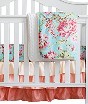3 Pcs Set Boho Floral Ruffle Baby Minky Blanket Water Color Peach Floral Nursery Crib Skirt Set Baby Girl Crib Bedding Aqua 0 300x355