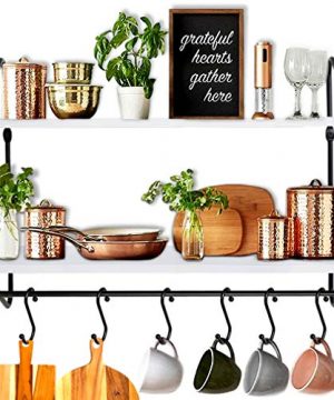 BOLUO Kitchen Wall Shelf White Floating Shelves Bathroom Mounted Shelving With Towel Bar Hooks For Coffee Mugs Modern Shelfs 24 Inch WS604 60W 0 300x360