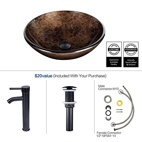 Bathroom Vessel Sinks Faucet Combo Modern Artistic Tempered Glass Round Single Hole Lavatory Oil Rubbed Bronze Brass Free Standing Above Counter 165 Inch 15GPM 12 38 Golden Brown 0 1