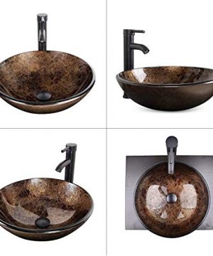 Bathroom Vessel Sinks Faucet Combo Modern Artistic Tempered Glass Round Single Hole Lavatory Oil Rubbed Bronze Brass Free Standing Above Counter 165 Inch 15GPM 12 38 Golden Brown 0 2 300x360