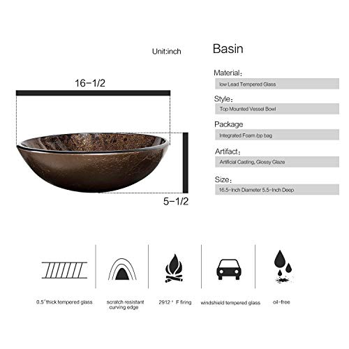 Bathroom Vessel Sinks Faucet Combo Modern Artistic Tempered Glass Round Single Hole Lavatory Oil Rubbed Bronze Brass Free Standing Above Counter 165 Inch 15GPM 12 38 Golden Brown 0 3